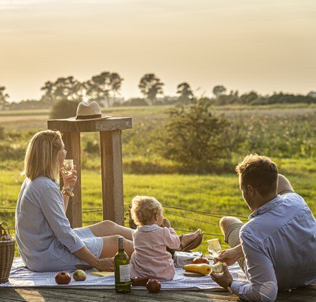 Familie macht Picknick auf einer Holzplattform inmitten der Natur mit untergehender Sonne